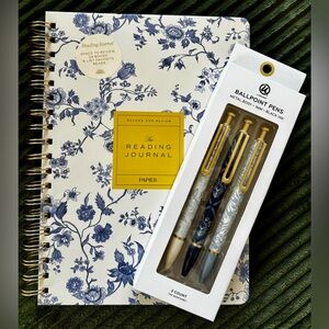 Blue and White Reading Journal with Ballpoint Pen Set